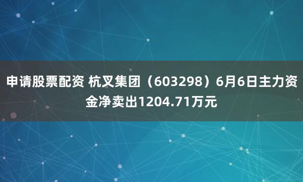 申请股票配资 杭叉集团（603298）6月6日主力资金净卖出1204.71万元
